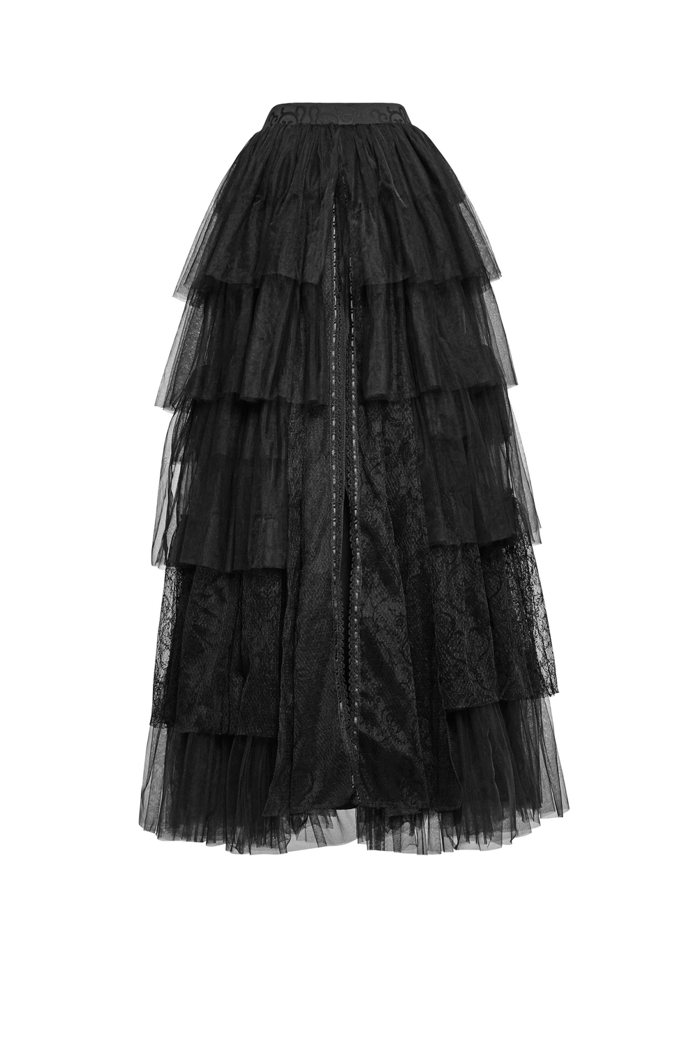 Black tulle long skirt with lace details, multi-layered gothic style crinoline for dramatic wedding looks.