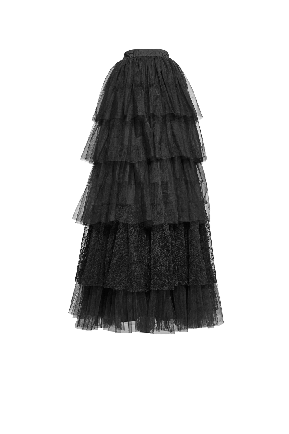 Falda Larga de Tul Negro con Detalles de Encaje para Mujer