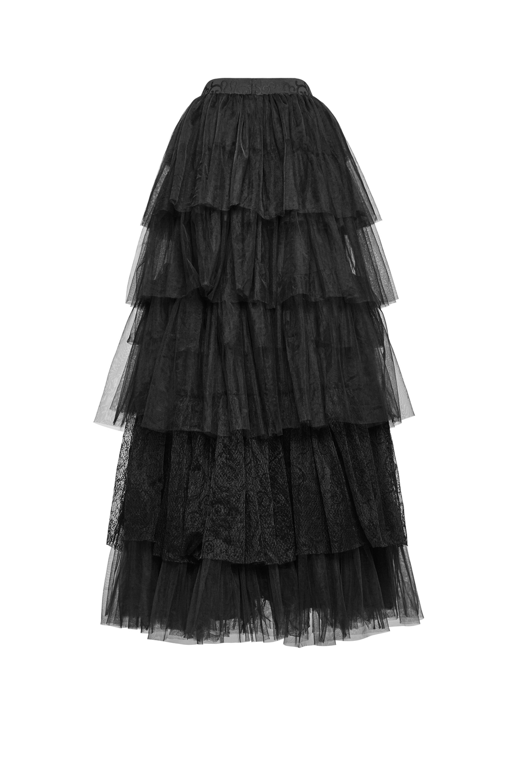 Black tulle long skirt with lace detailing, featuring a multi-layered design for a dramatic gothic look.