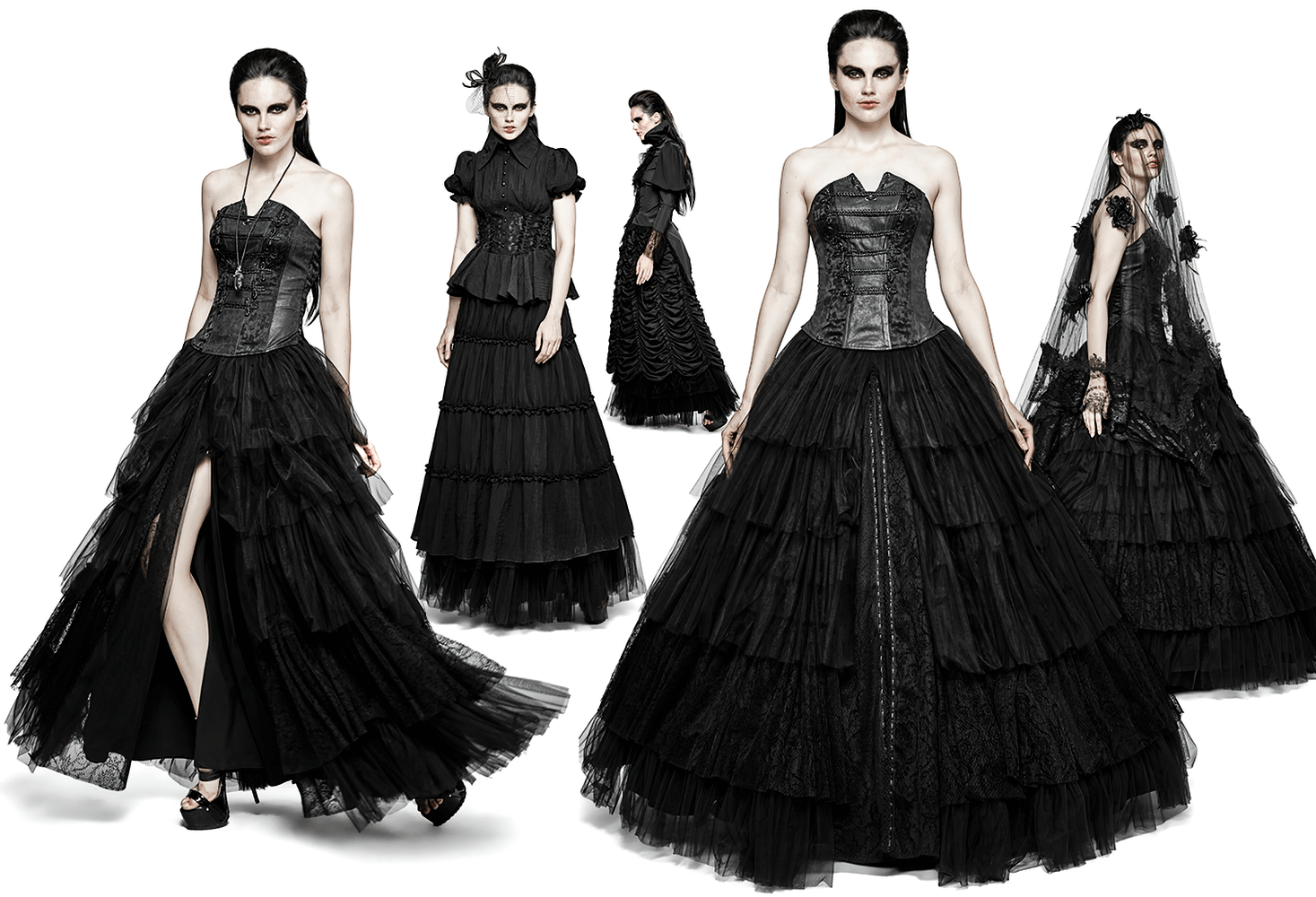 Gothic wedding dresses featuring black tulle and lace details for a dramatic bridal look.