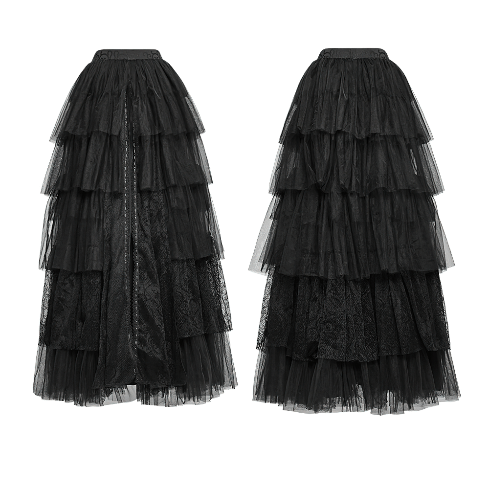 Black tulle long skirt with lace details for women, showcasing a multi-layered gothic style with a removable lining.