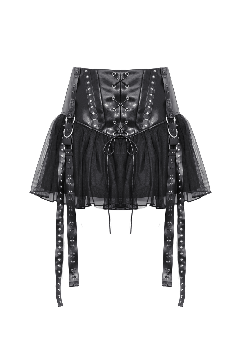 Edgy black tulle mini skirt with lace-up corset front and studded detail for a bold rock star look.