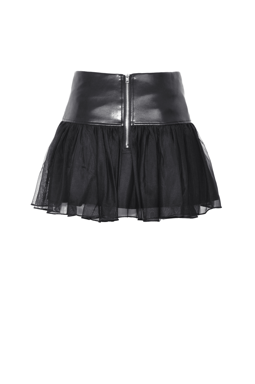 Edgy black tulle mini skirt with lace-up corset detail and high-waisted silhouette.