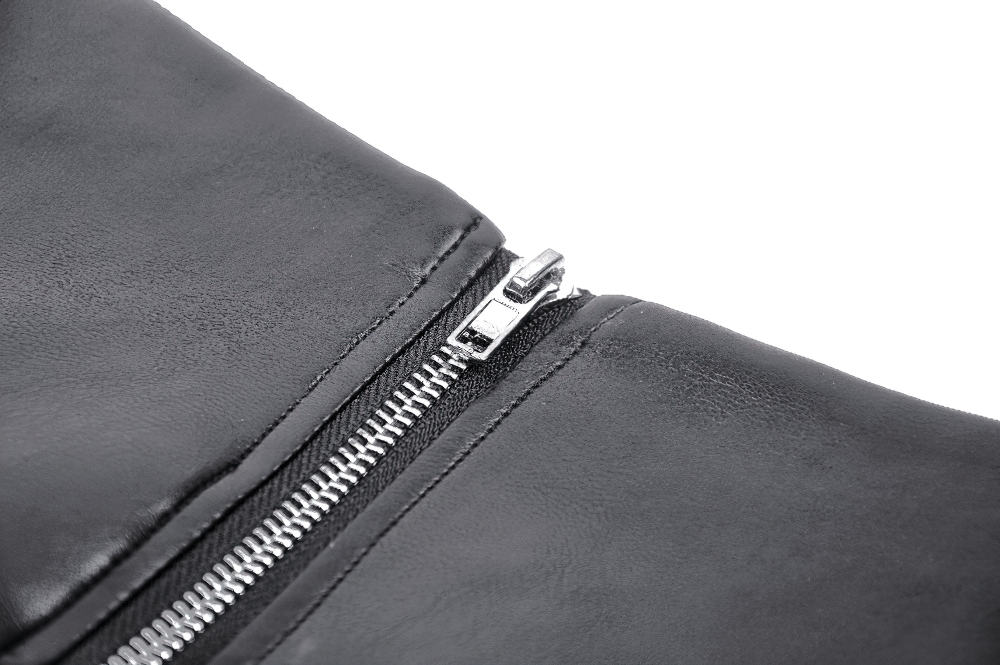 Close-up of a sleek black leather zipper showcasing shiny metallic details.