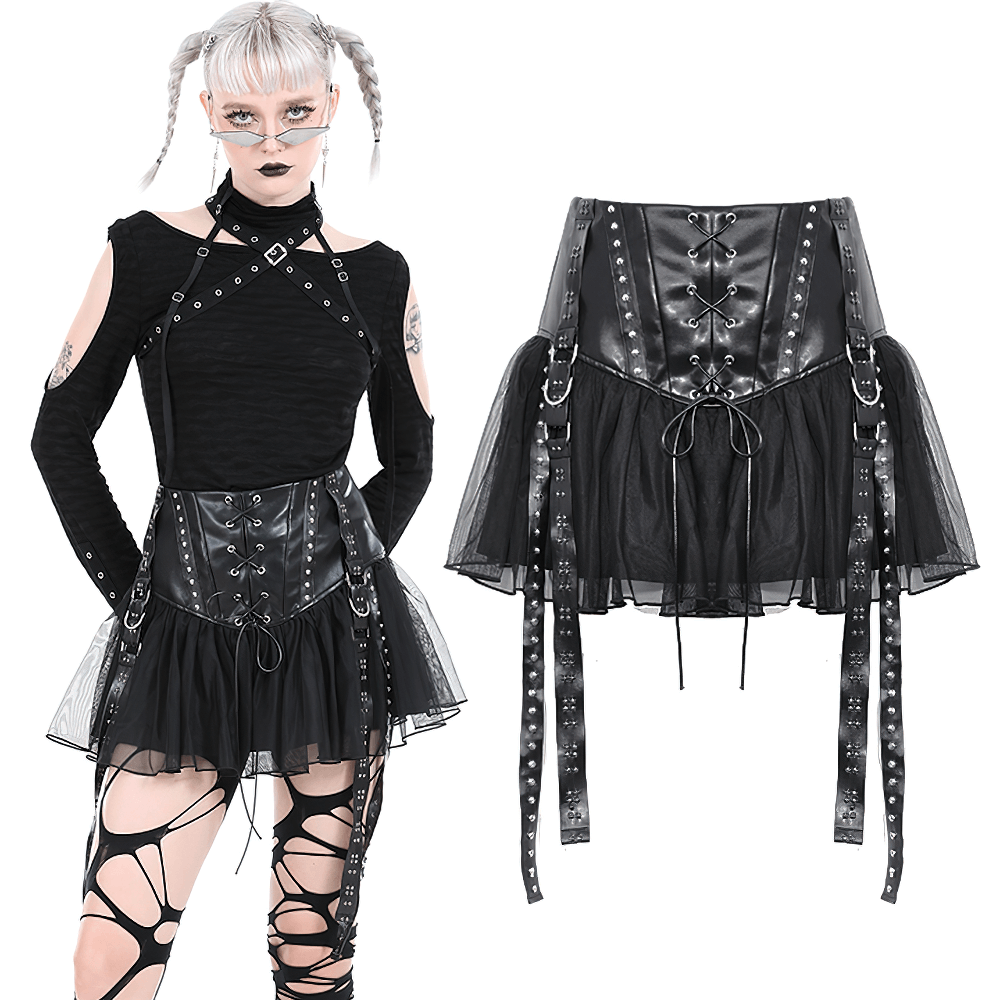 Edgy black tulle mini skirt with lace-up corset front, perfect for a rockstar look. High-waisted and adjustable for a custom fit.