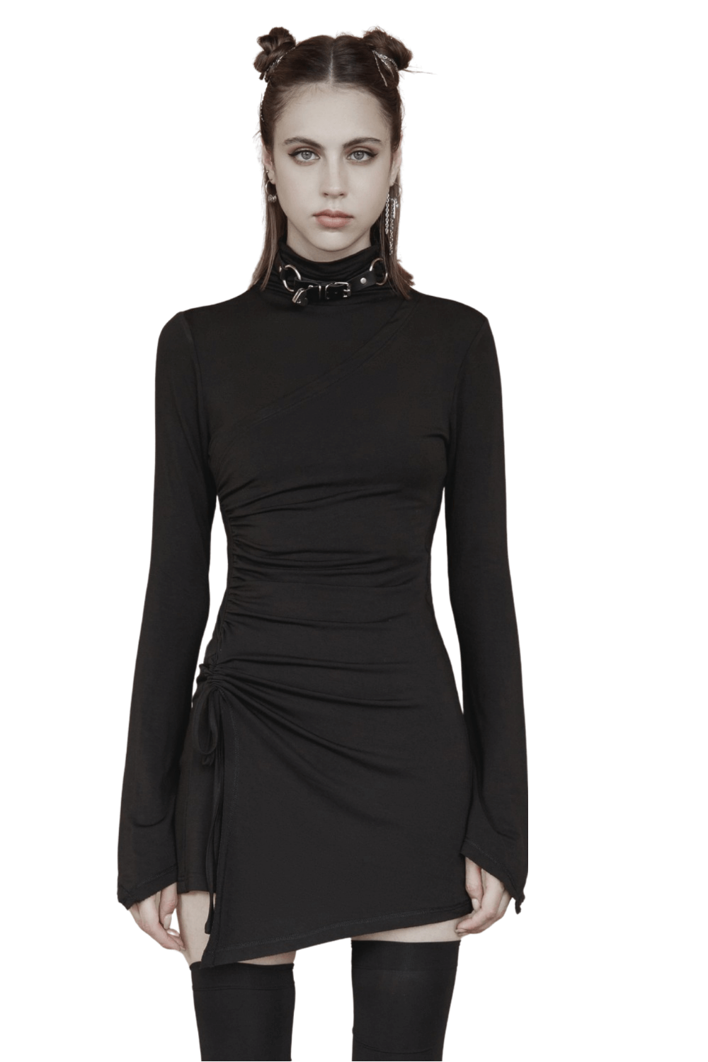 Black Turtleneck Dress with Side Pleats and Tie Detail