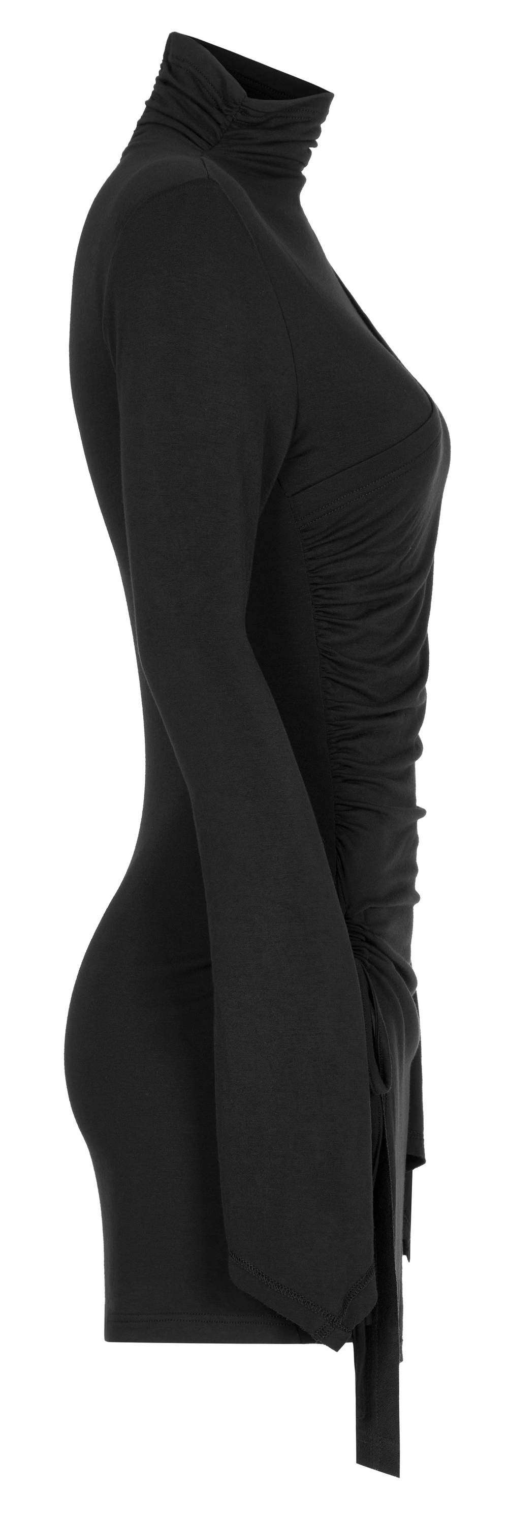 Black Turtleneck Dress with Side Pleats and Tie Detail