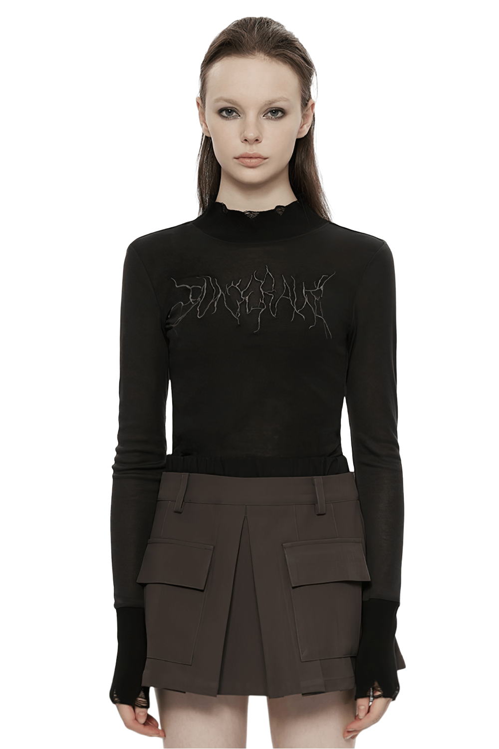 Black Turtleneck Long Sleeve Top with Punk Rave Embroidery
