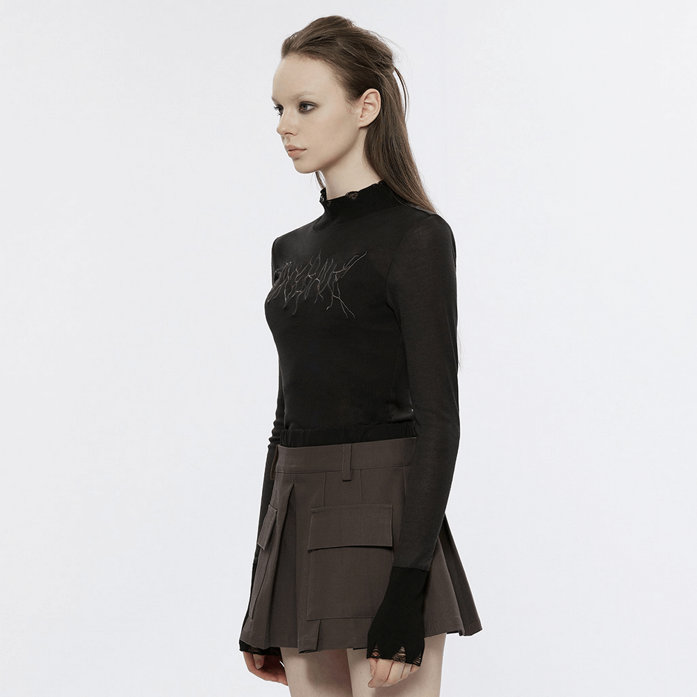 Black Turtleneck Long Sleeve Top with Punk Rave Embroidery