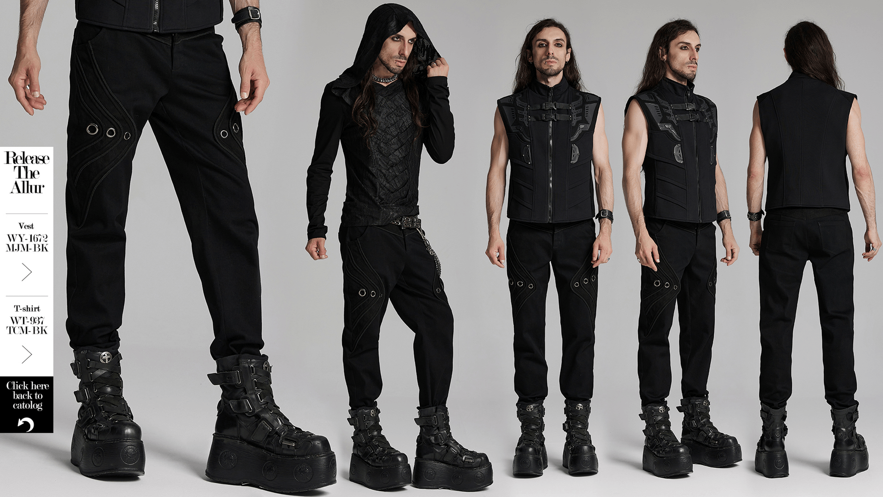 Black twill denim pants with eyelet details and pockets, showcasing a punk-inspired style and 3D patchwork design.