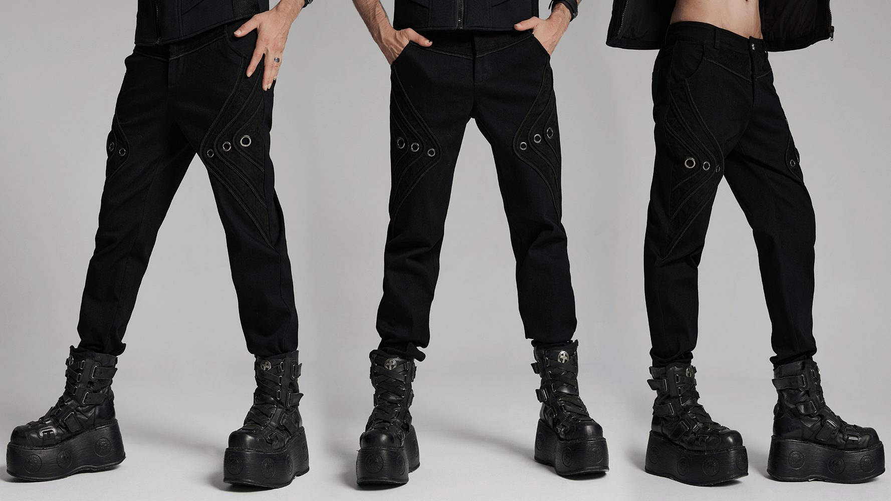 Black twill denim pants with eyelet details and 3D patchwork design, showcased in a punk-inspired style.