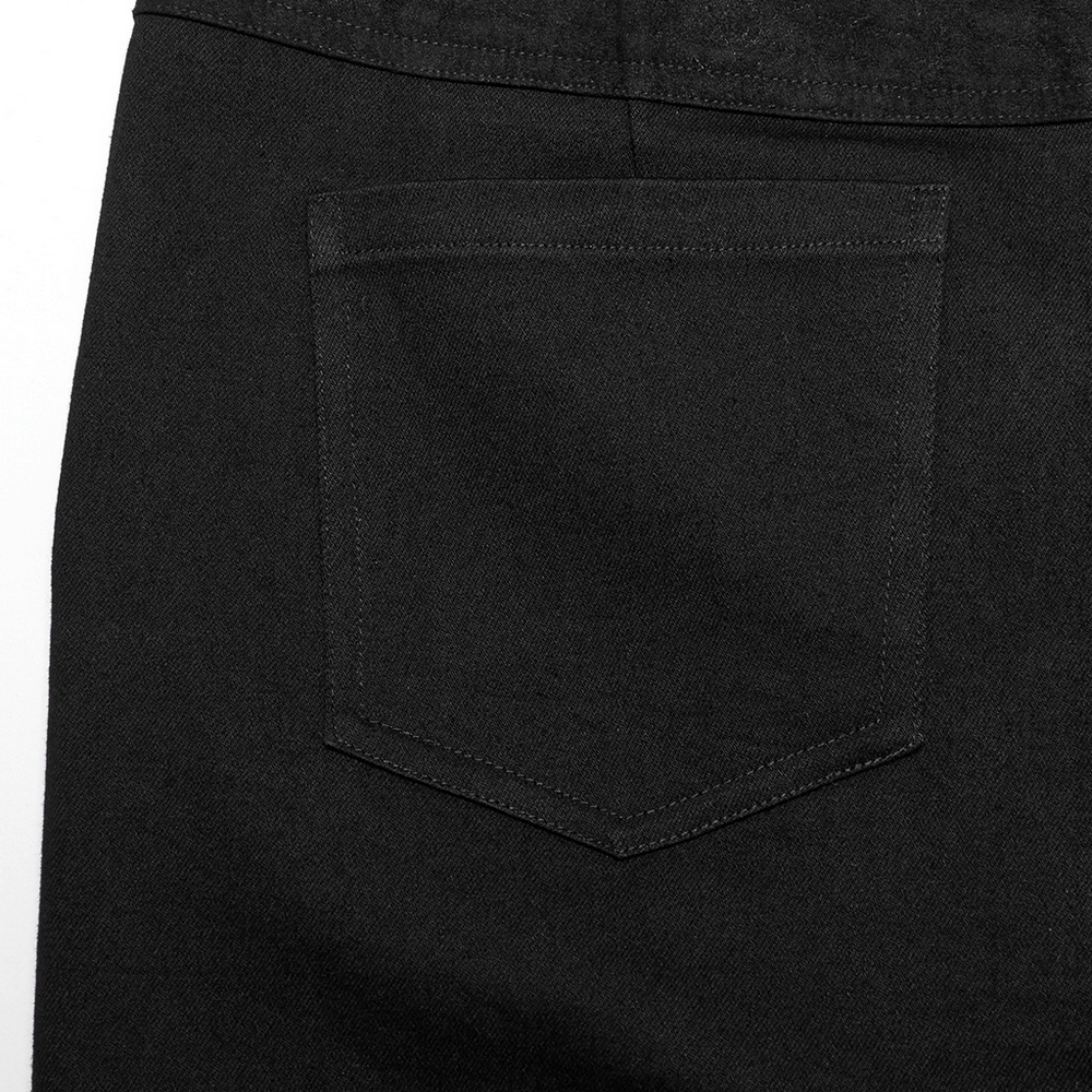 Black denim pants back pocket detail showcasing sleek design and durable twill fabric. Perfect for trendy daily wear.