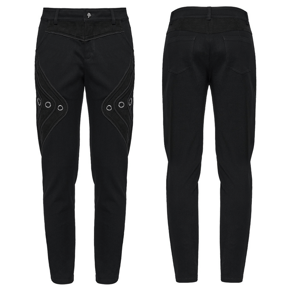Black twill denim pants with eyelet details and 3D patchwork design, front and back view. Perfect for punk-inspired fashion.