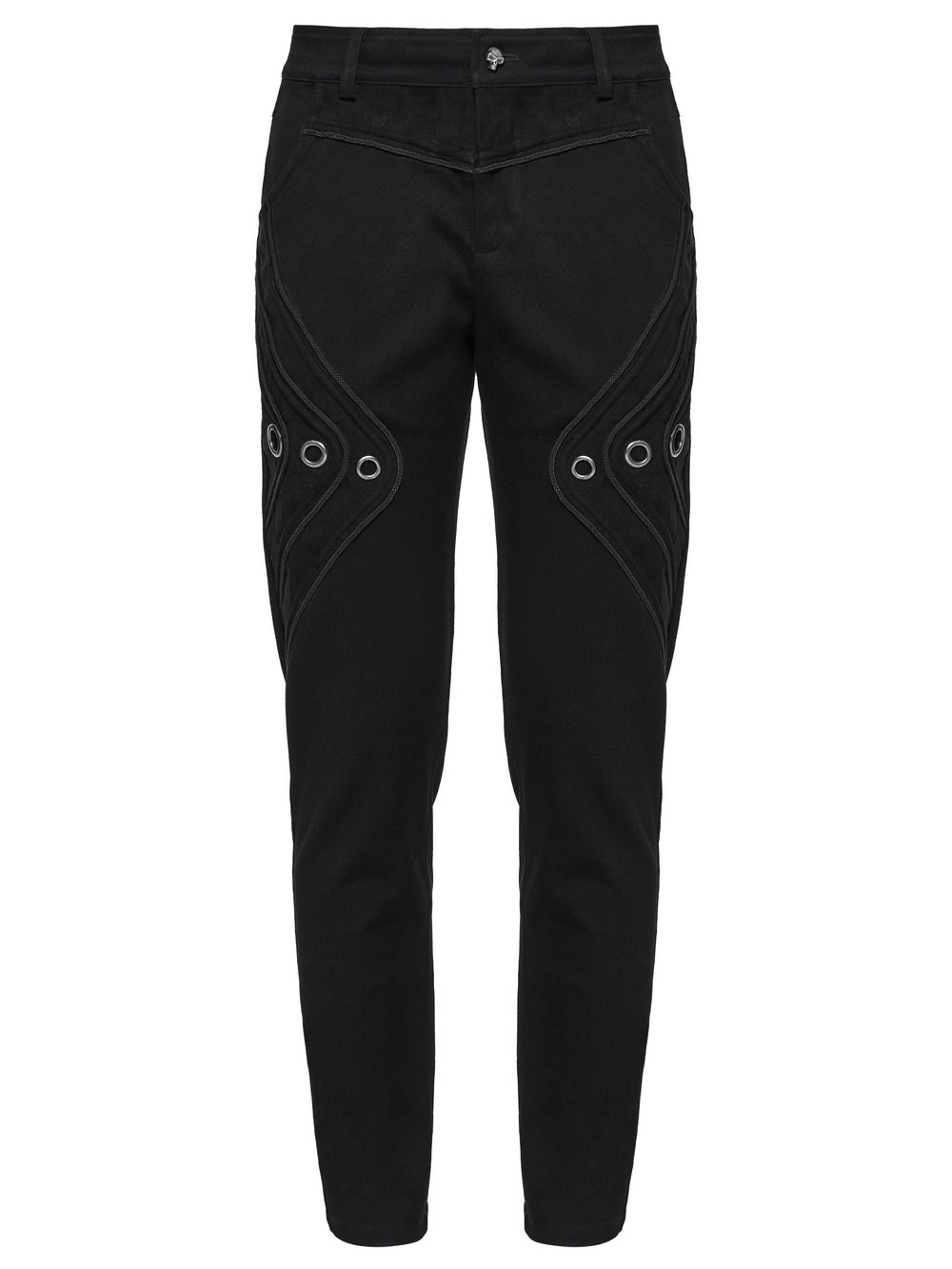 Black twill denim pants with eyelet details and pockets, featuring a punk-inspired design and 3D patchwork.