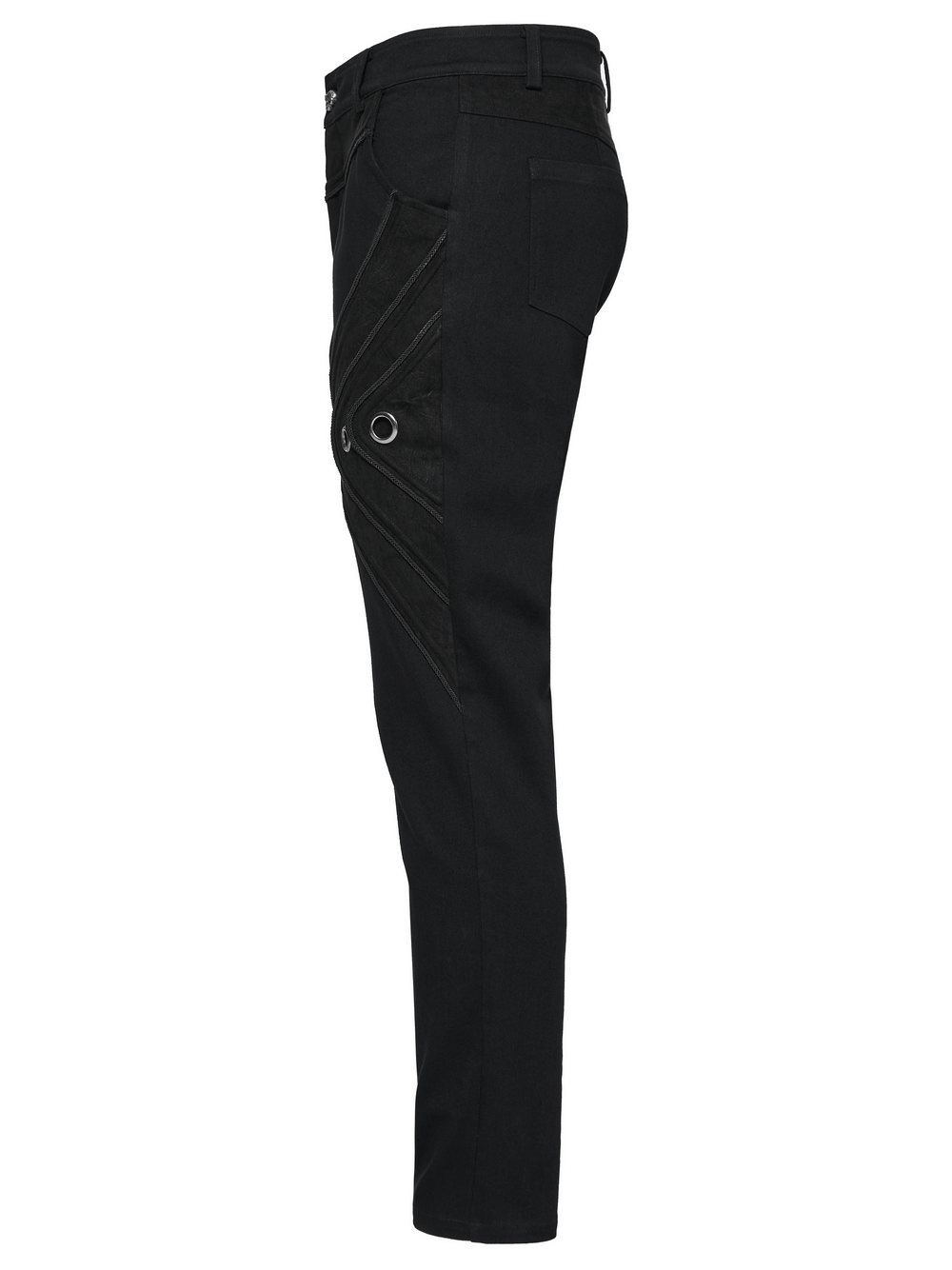 Side view of black twill denim pants with eyelet details, 3D patchwork design, and functional pockets. Perfect for punk flair!