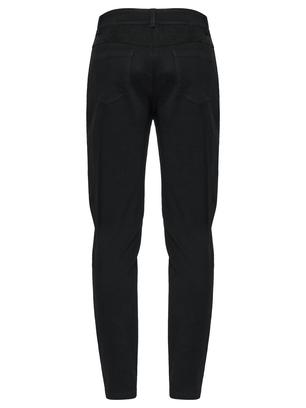 Back view of black twill denim pants featuring distressed design and functional pockets for a punk-inspired look.