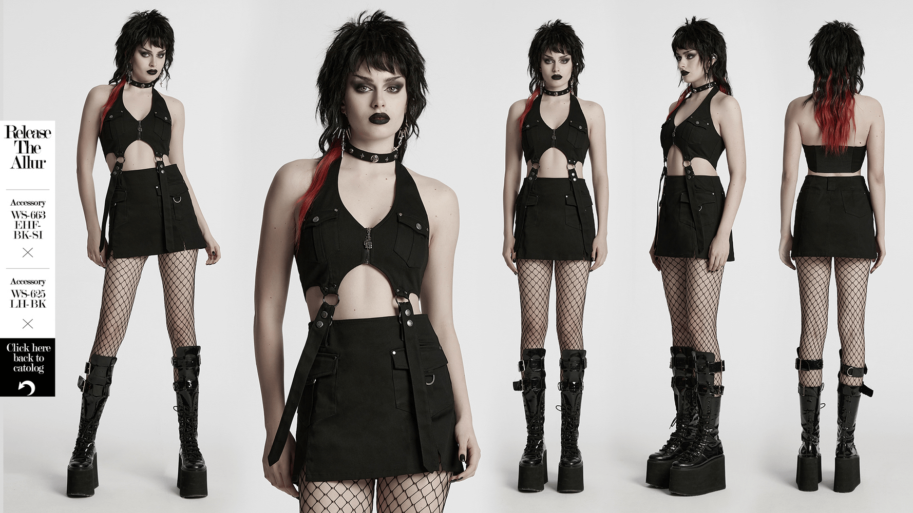 Edgy black twill punk harness dress with zipper, straps, and utility pockets, showcased in multiple angles.