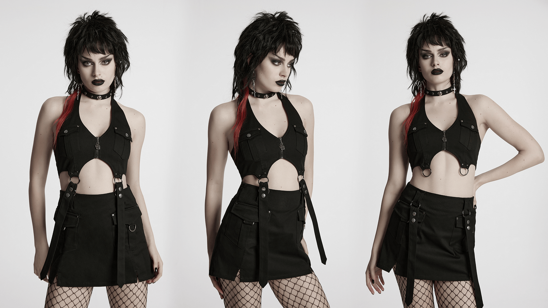 Black punk twill dress with halter neck, zipper, and utility pockets, showcasing edgy style and versatility.