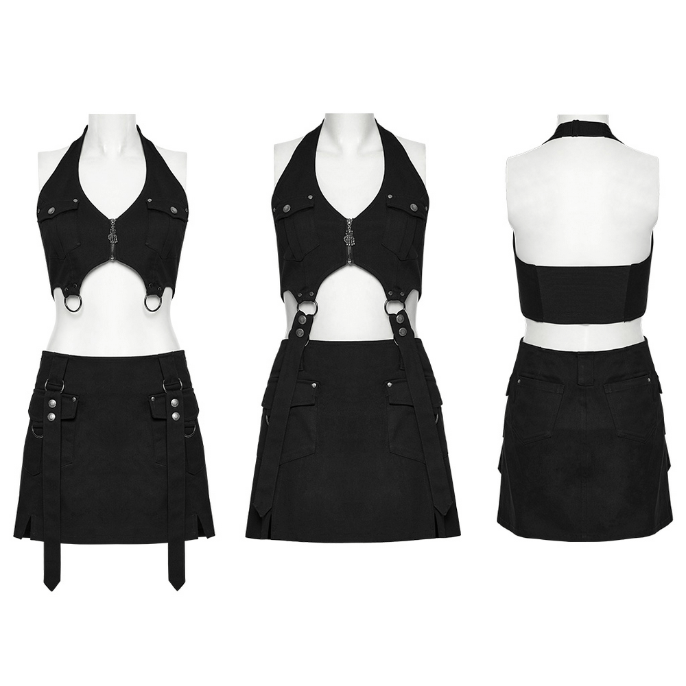 Black twill punk harness dress featuring halter neck, utility pockets, side zippers, and edgy strap detailing.