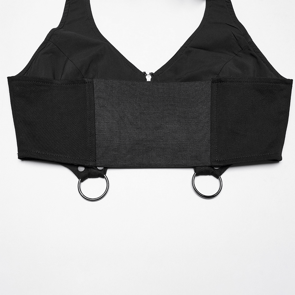 Black punk harness top with front zipper and metal rings, ideal for edgy fashion and versatile styling.