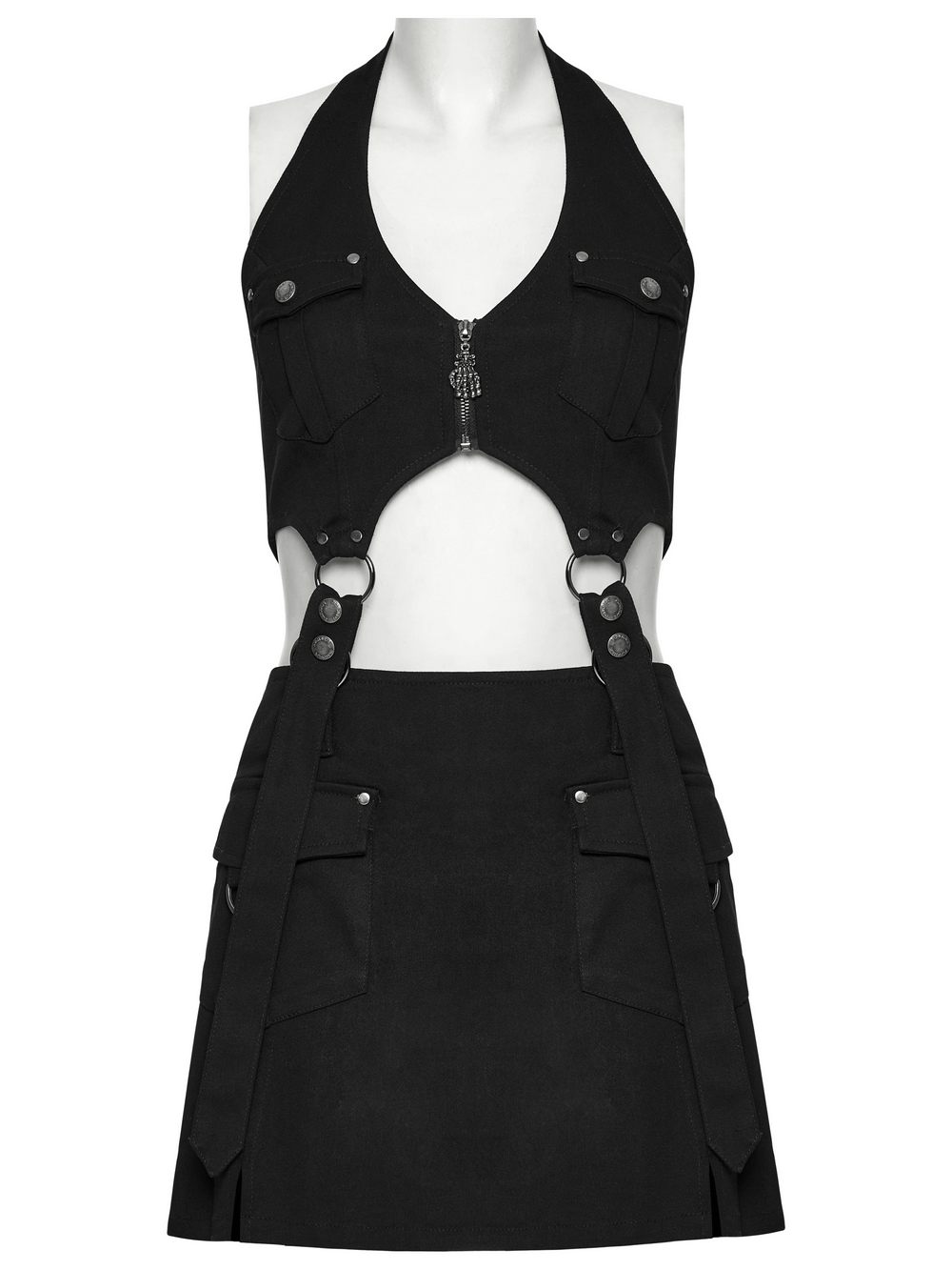 Black twill punk dress with zipper and straps, halter neck and utility pockets for an edgy, stylish look.