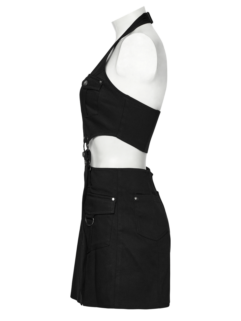 Stylish black twill punk harness dress showcasing utility pockets and zip details, perfect for edgy fashion lovers.