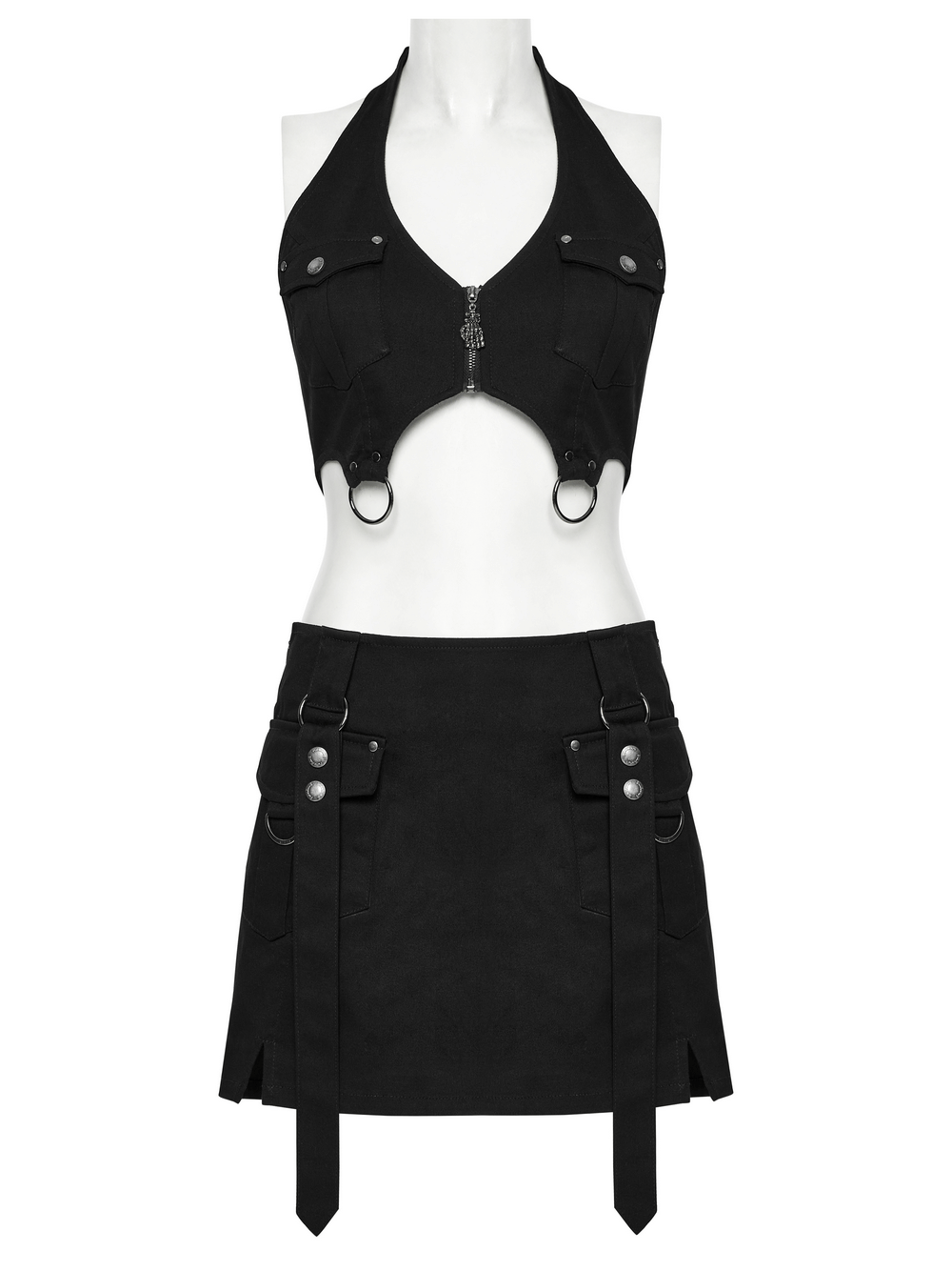 Black twill punk harness dress featuring a zipper, utility pockets, and strap detailing for edgy fashion.