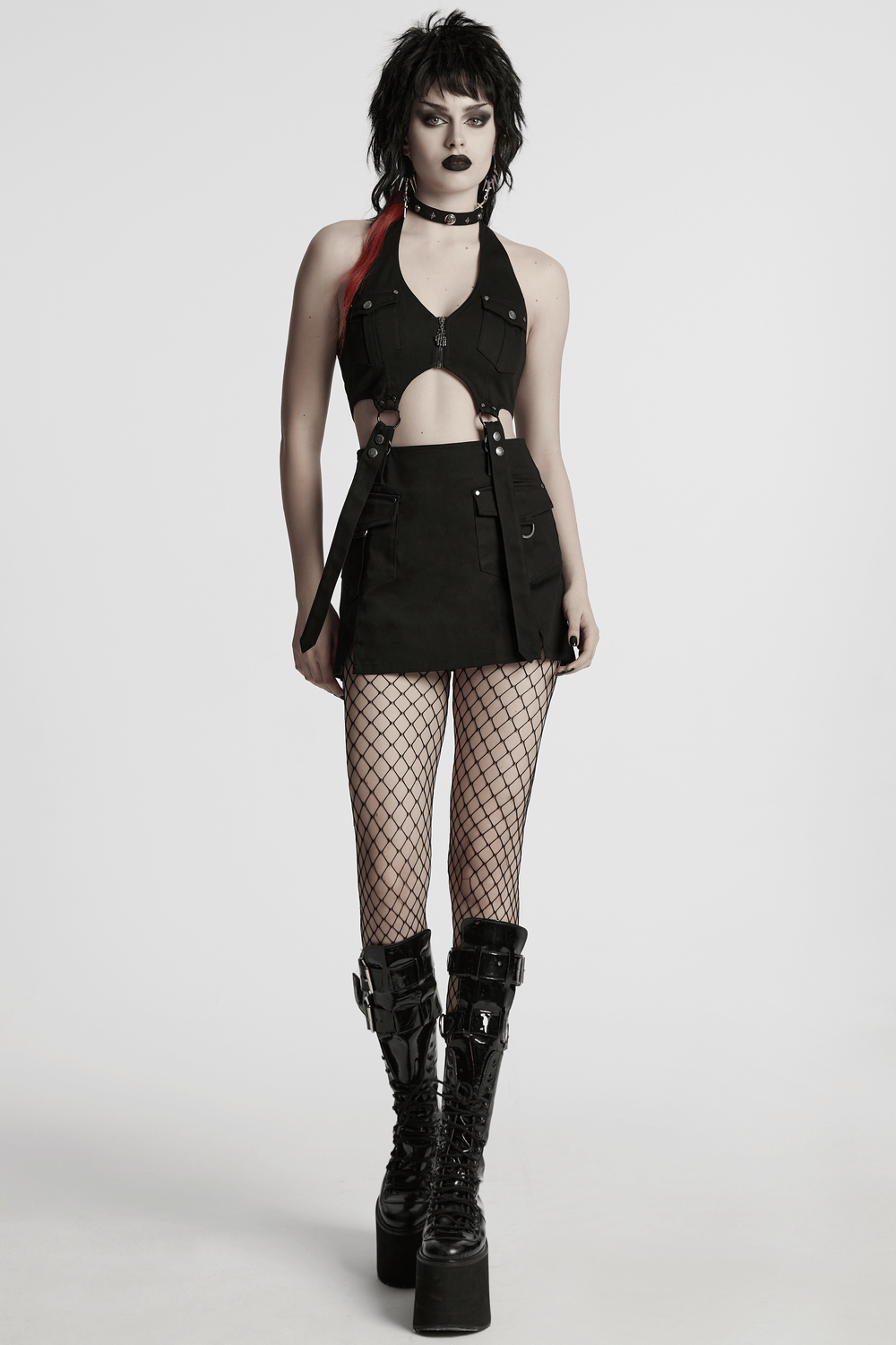 Edgy black twill punk harness dress with zipper, straps, and utility pockets. Perfect for a bold street style look.