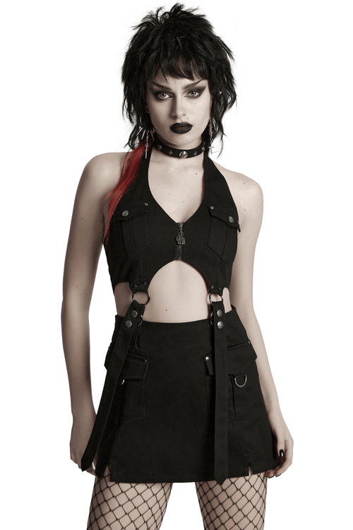Vestido Punk de Sarga Negra con Cremallera y Tirantes