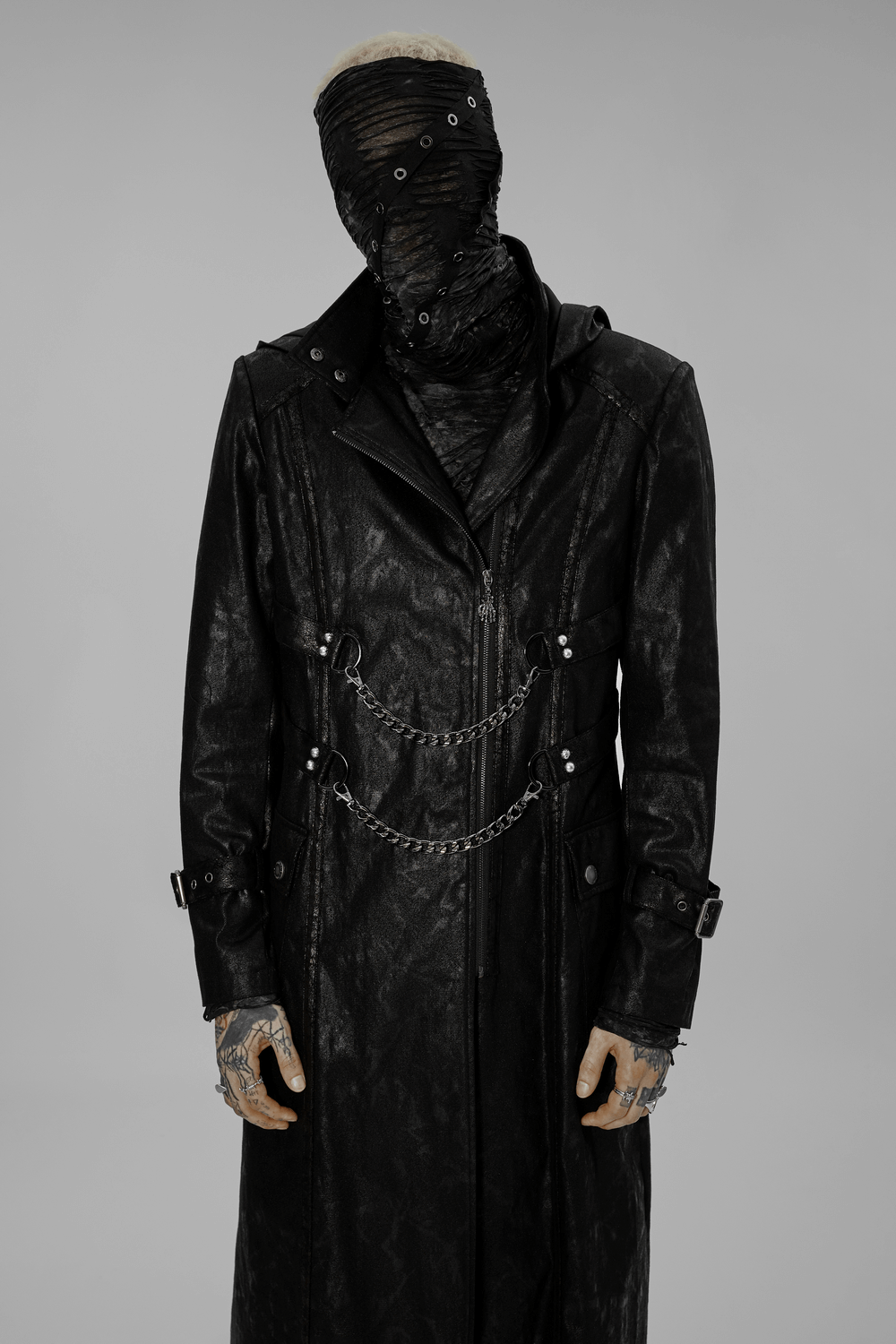 Black Twill Punk Hooded Long Coat with chain detail for edgy urban gothic style.