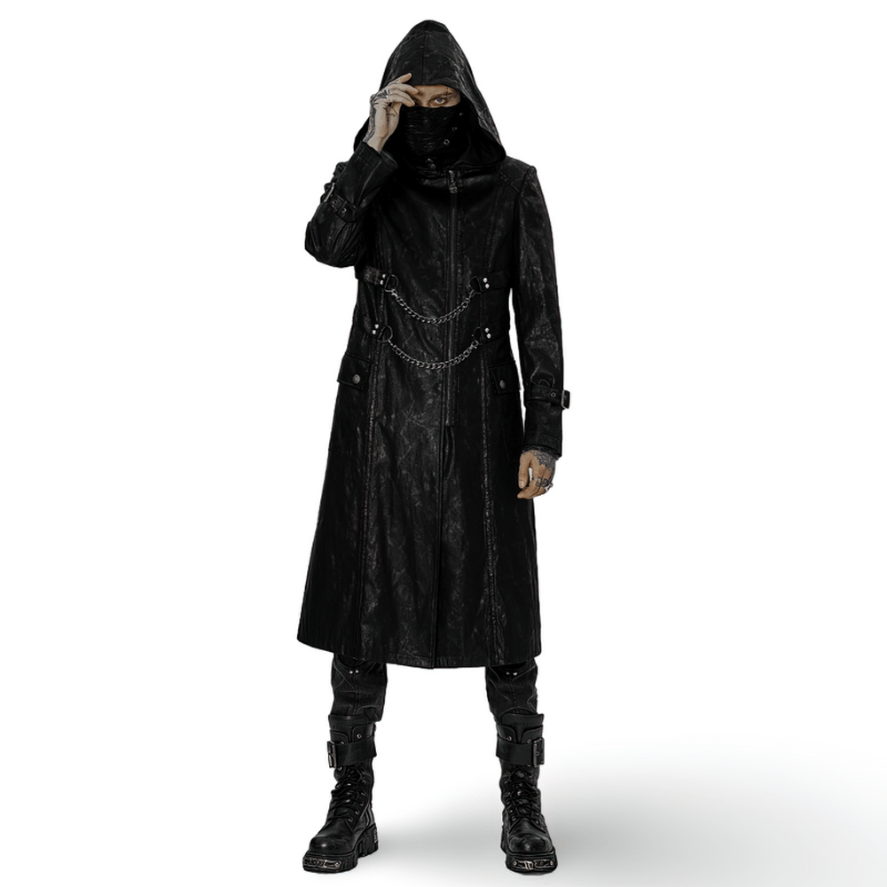 Black Twill Punk Hooded Long Coat with Chain Detail - HARD'N'HEAVY