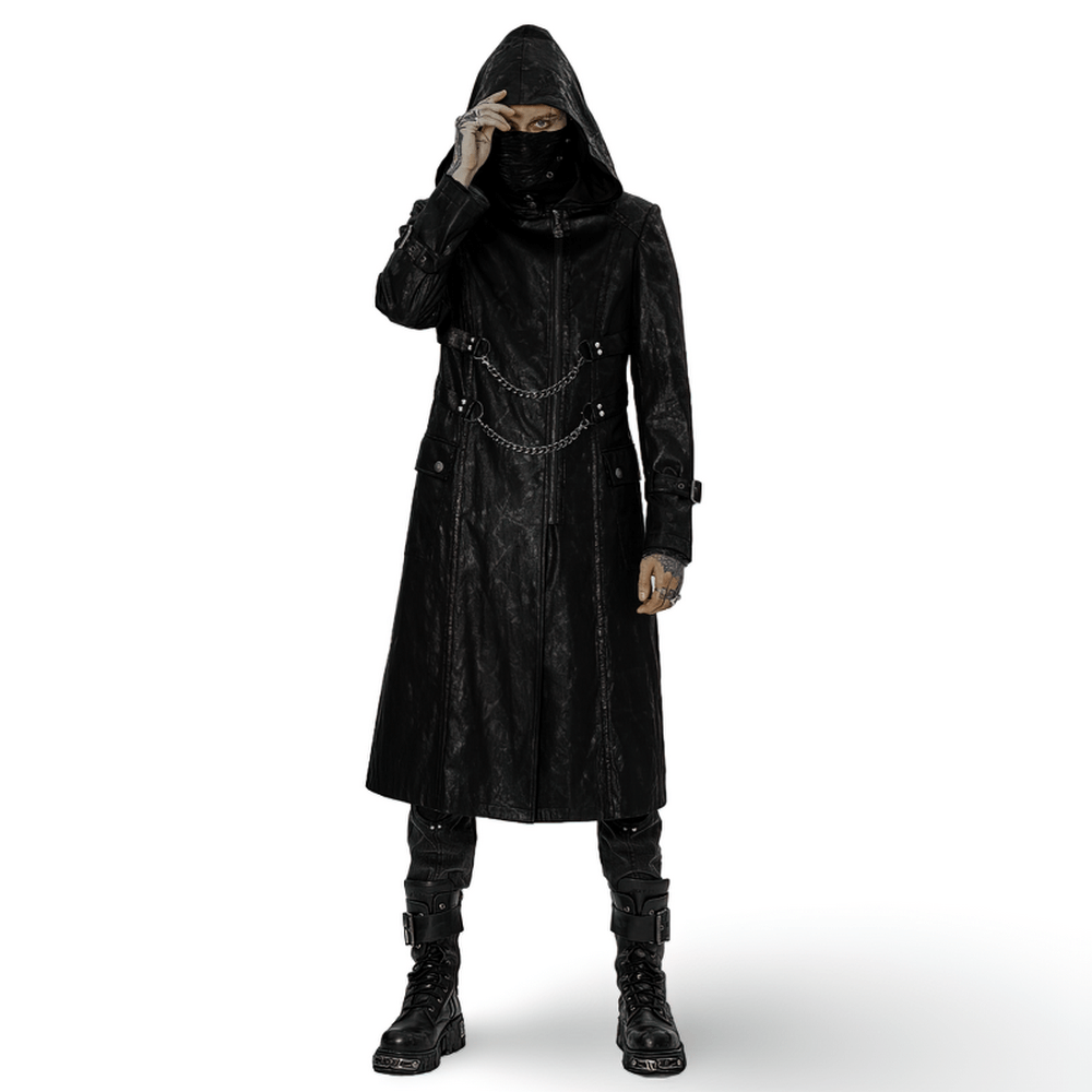 Gothic punk black twill hooded long coat with chain detail, showcasing urban edgy fashion style.
