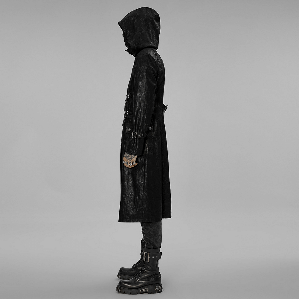 Side view of the Black Twill Punk Hooded Long Coat featuring a stylish chain design for urban gothic fashion.