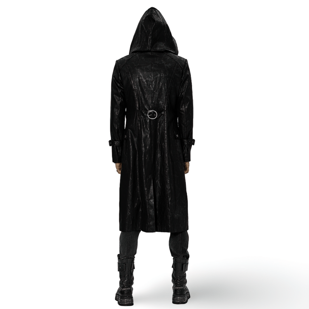 Back view of Black Twill Punk Hooded Long Coat with chain detail, showcasing urban gothic style and edgy sophistication.