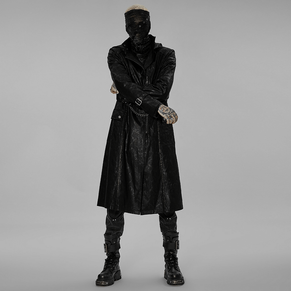 Black Twill Punk Hooded Long Coat with Chain Detail - HARD'N'HEAVY