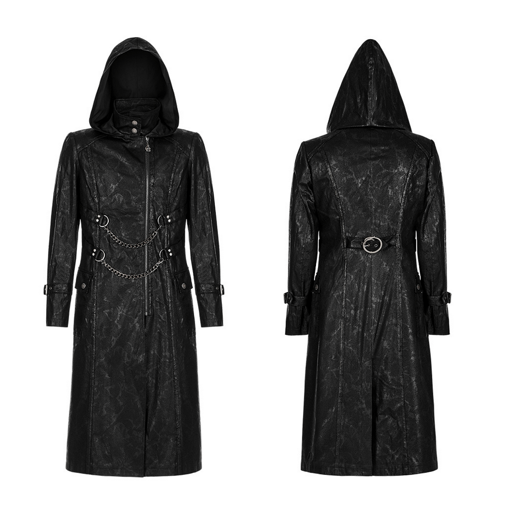 Black twill punk hooded long coat with chain detail, showcasing stylish gothic design and asymmetric features.