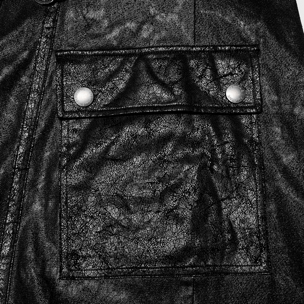 Close-up of the pocket detail on a Black Twill Punk Hooded Long Coat featuring a textured finish and snap buttons.