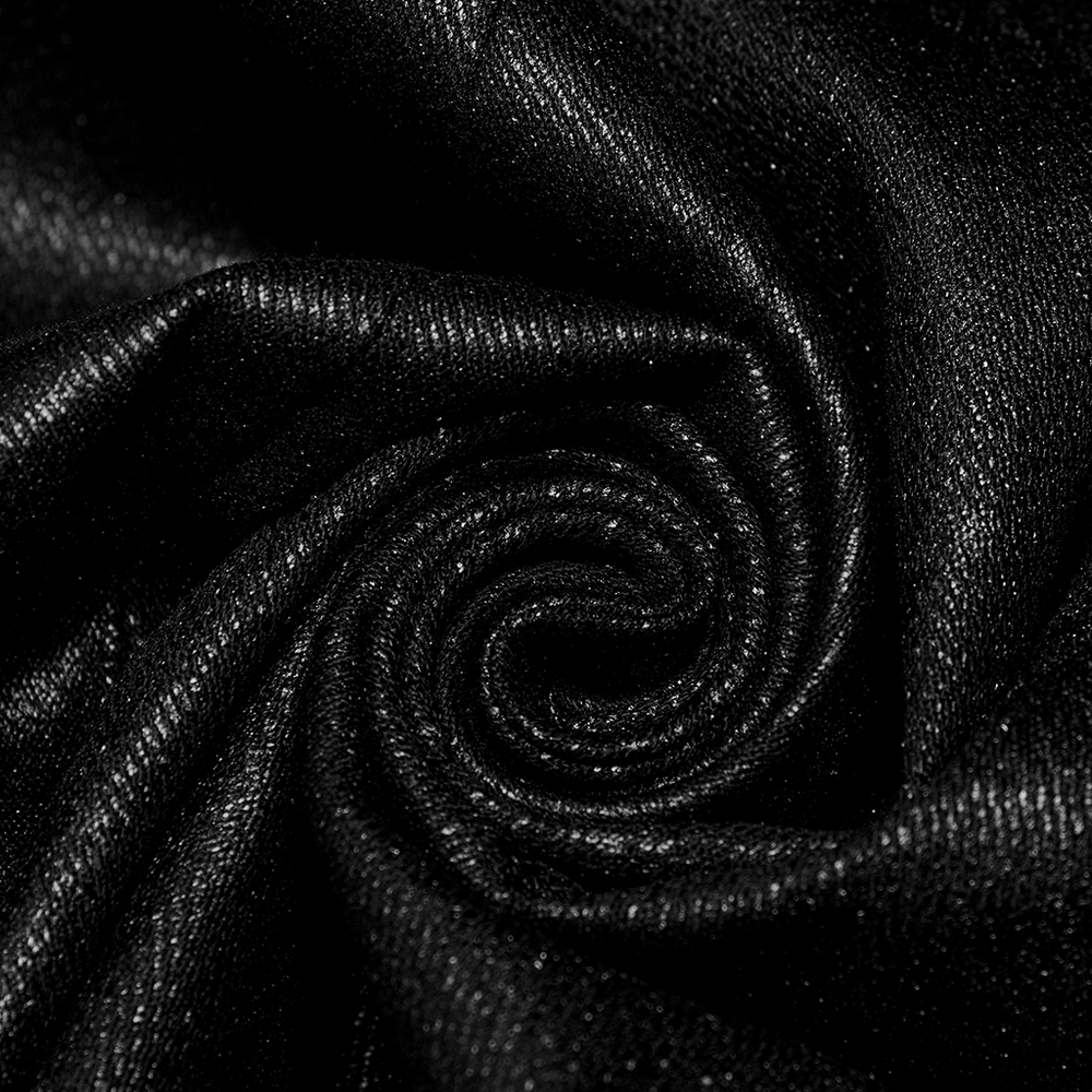 Close-up of black twill fabric showcasing a swirled texture, ideal for gothic punk fashion.