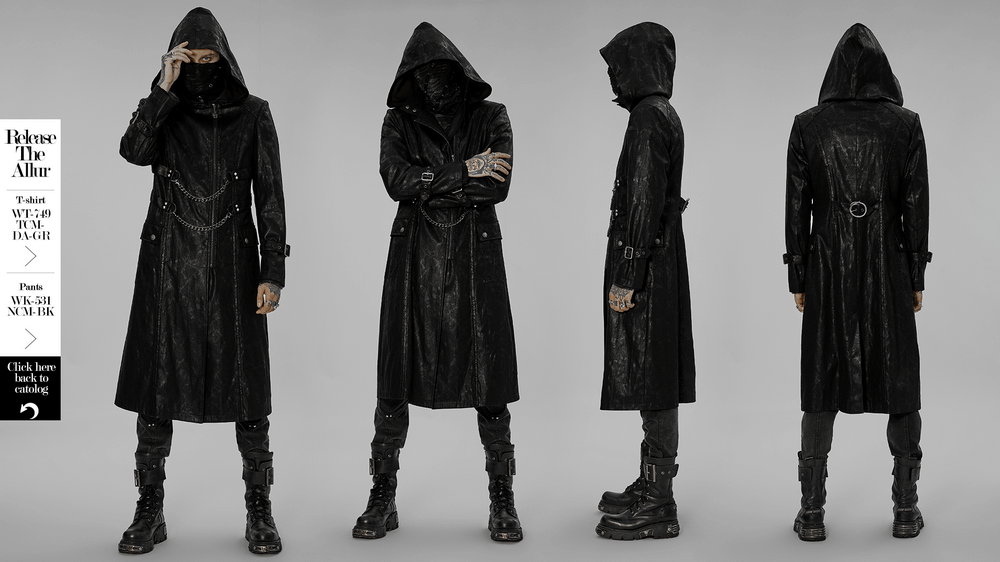 Black twill punk hooded long coat featuring chain detail, showcasing a stylish gothic urban look.