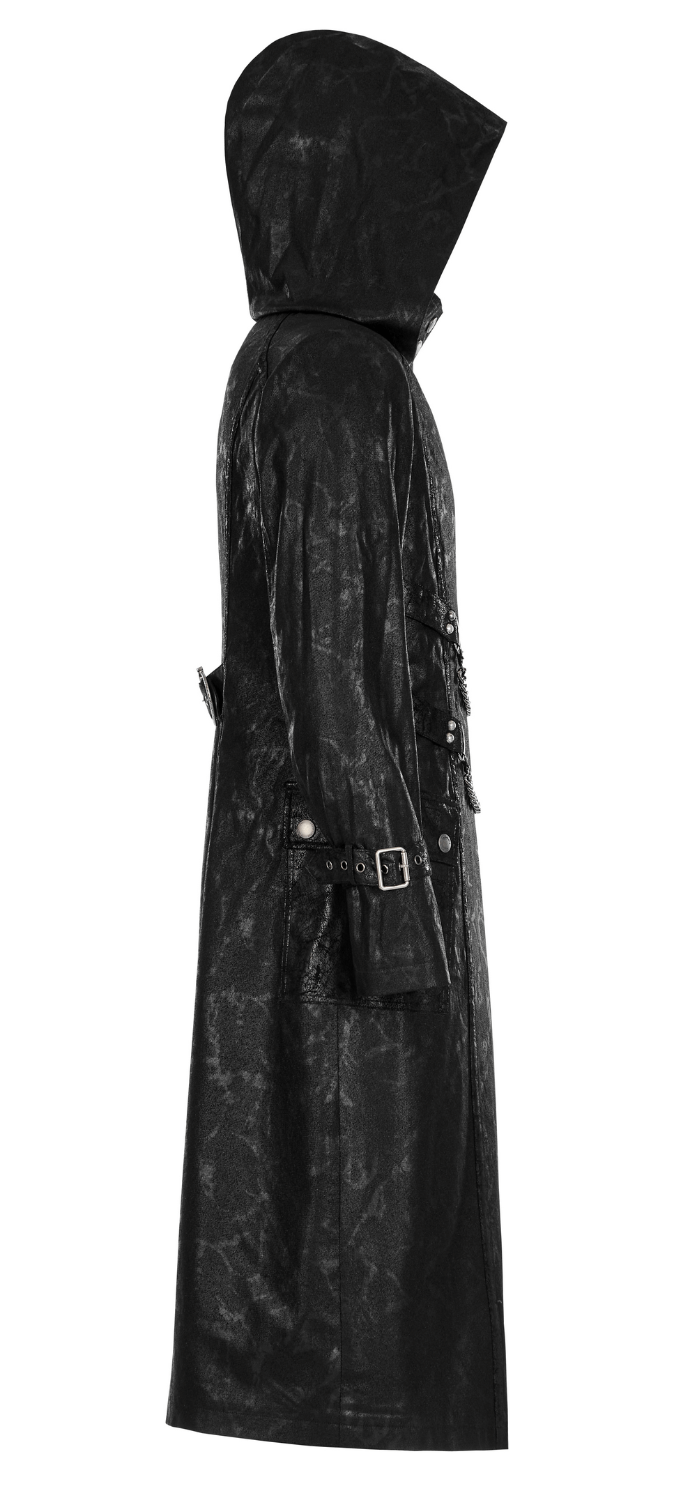 Side view of a black twill punk hooded long coat showcasing its edgy asymmetric chain design.
