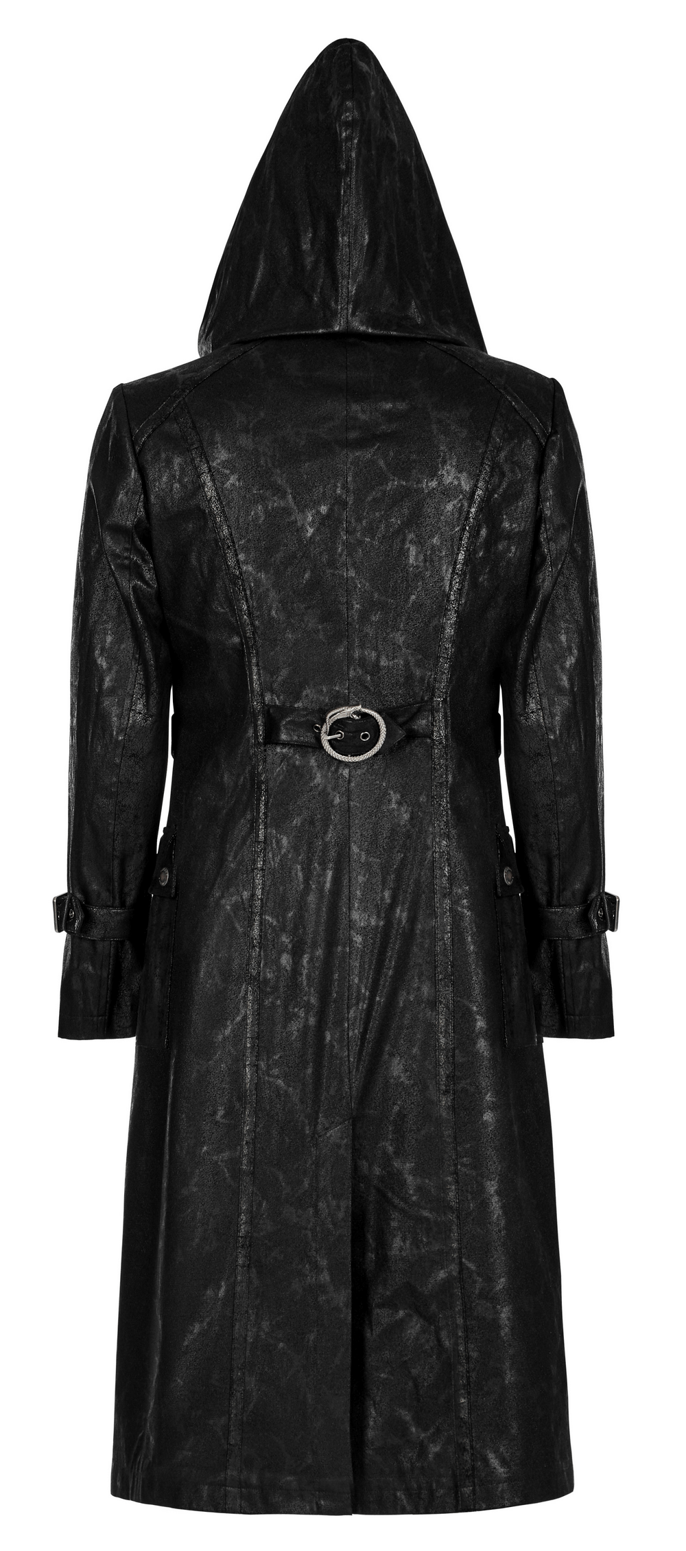 Back view of a Black Twill Punk Hooded Long Coat with belt detail, showcasing gothic fashion style.