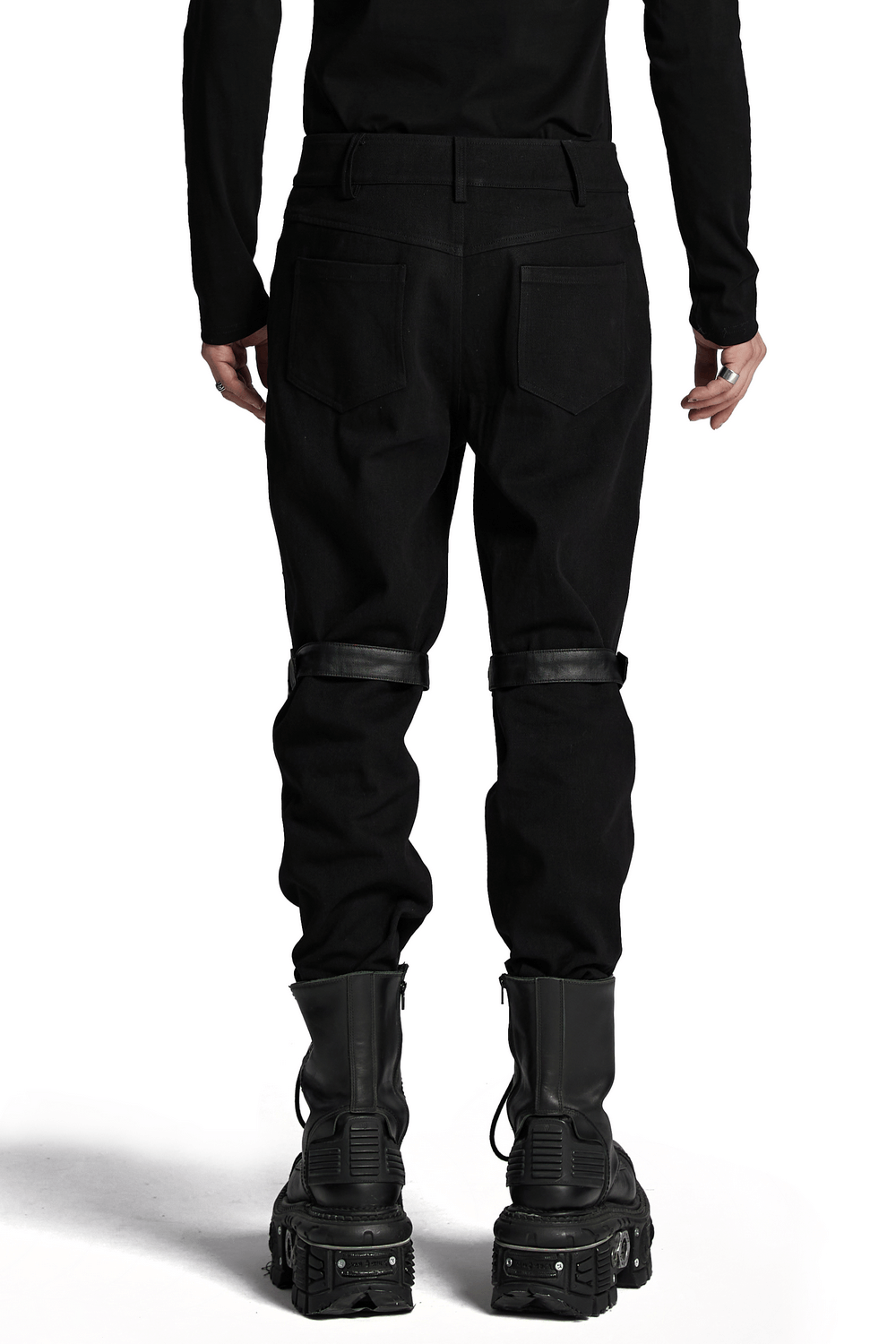 Stylish black twill punk pants featuring adjustable straps and metal details, perfect for a bold look.