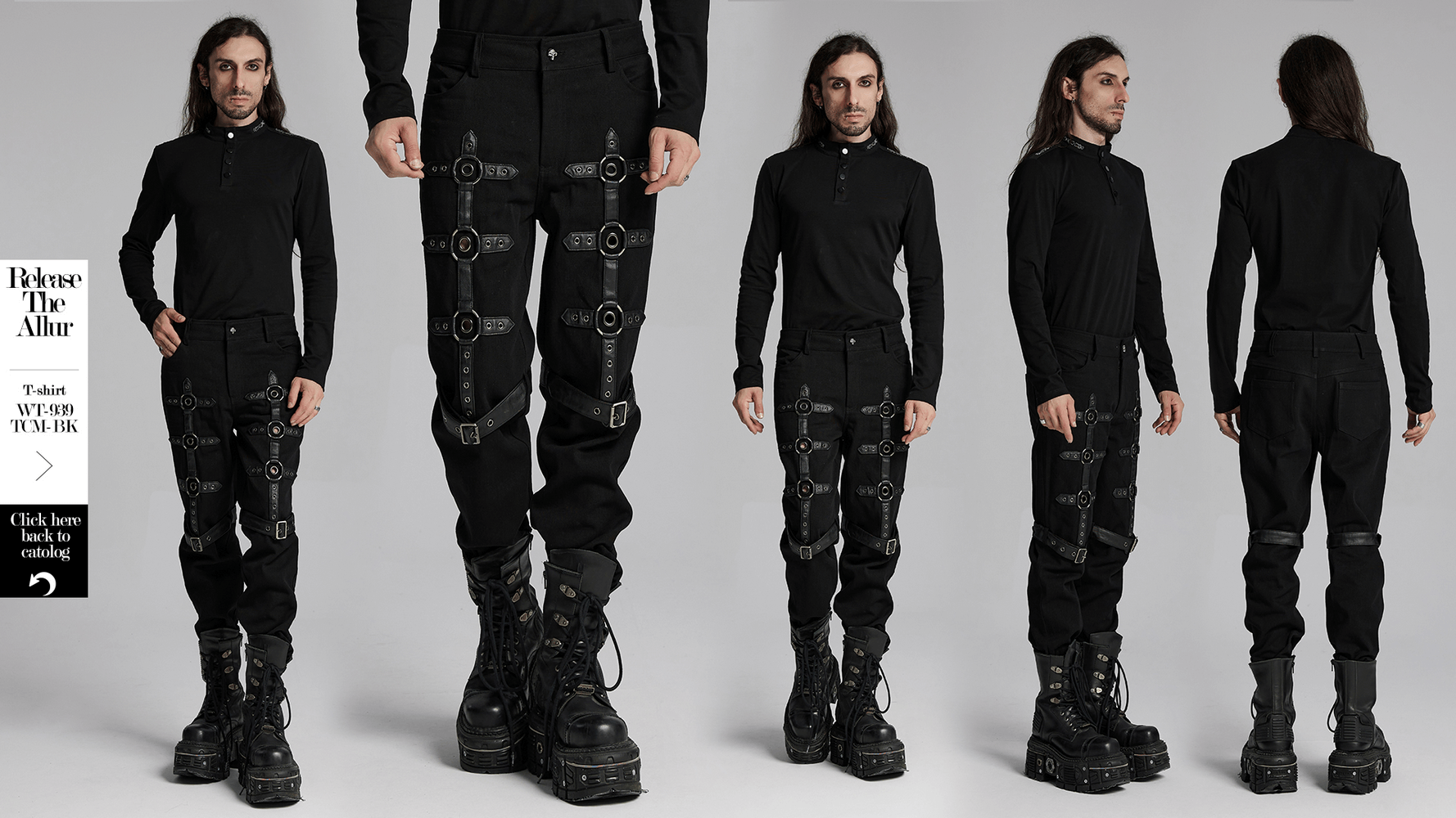 Black Twill Punk Pants with Metal Rings and Straps