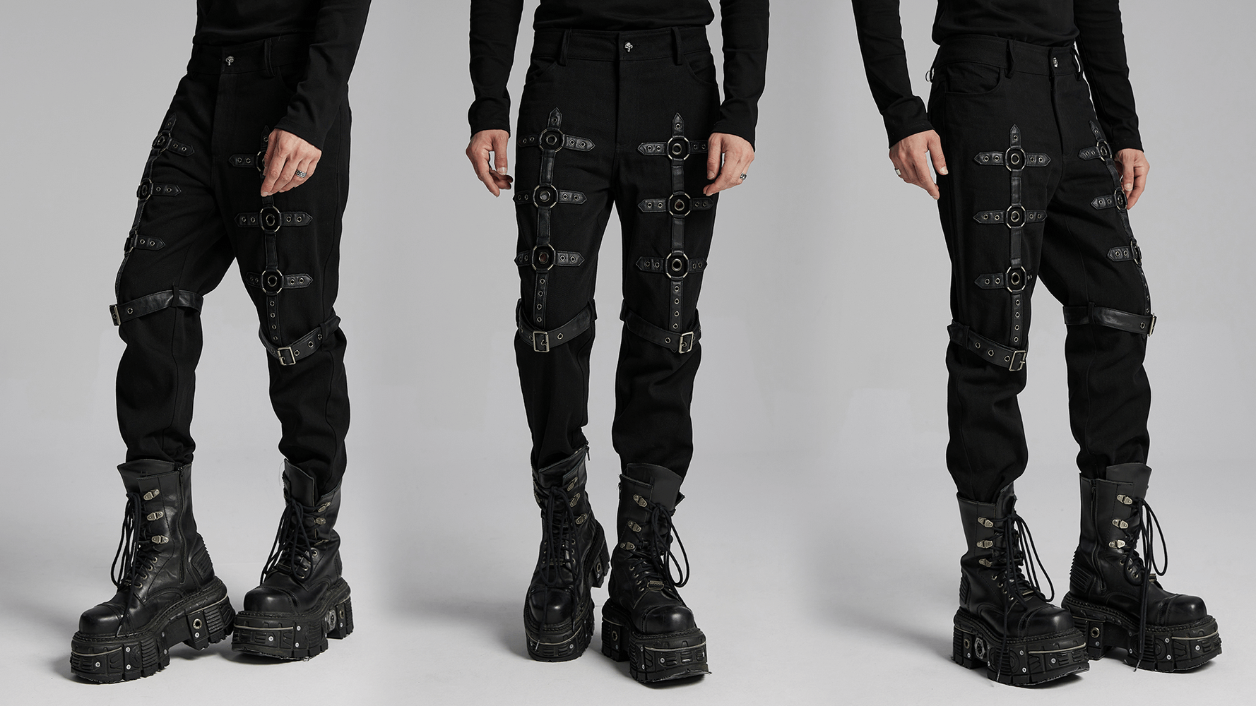 Black twill punk pants with metal rings and straps, styled with edgy black combat boots, showcasing innovative design.