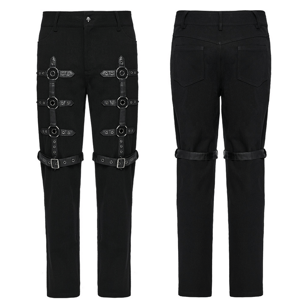 Stylish black twill punk pants featuring metal rings, straps, and a unique design for a bold, edgy look.