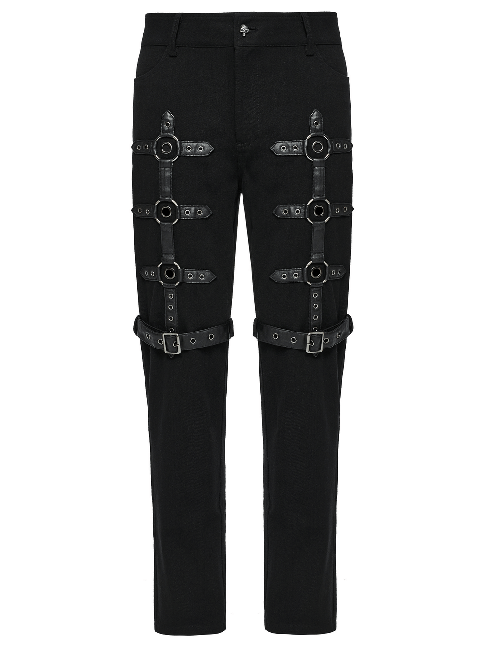 Black twill punk pants featuring metal rings and adjustable straps for a stylish, edgy look. Perfect for bold fashion statements.