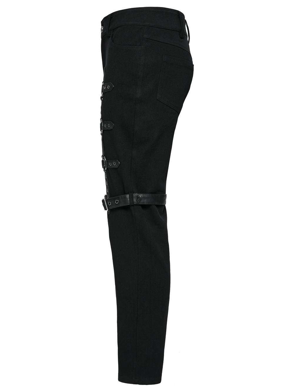 Side view of black twill punk pants featuring metal rings and adjustable straps for an edgy look. Perfect for unique style!