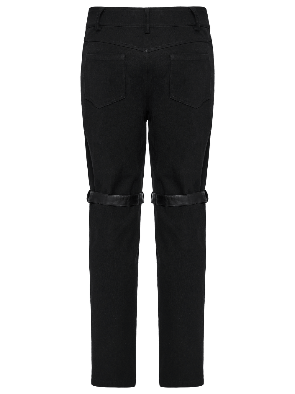 Black twill punk pants featuring adjustable straps and a stylish back view, perfect for an edgy look.