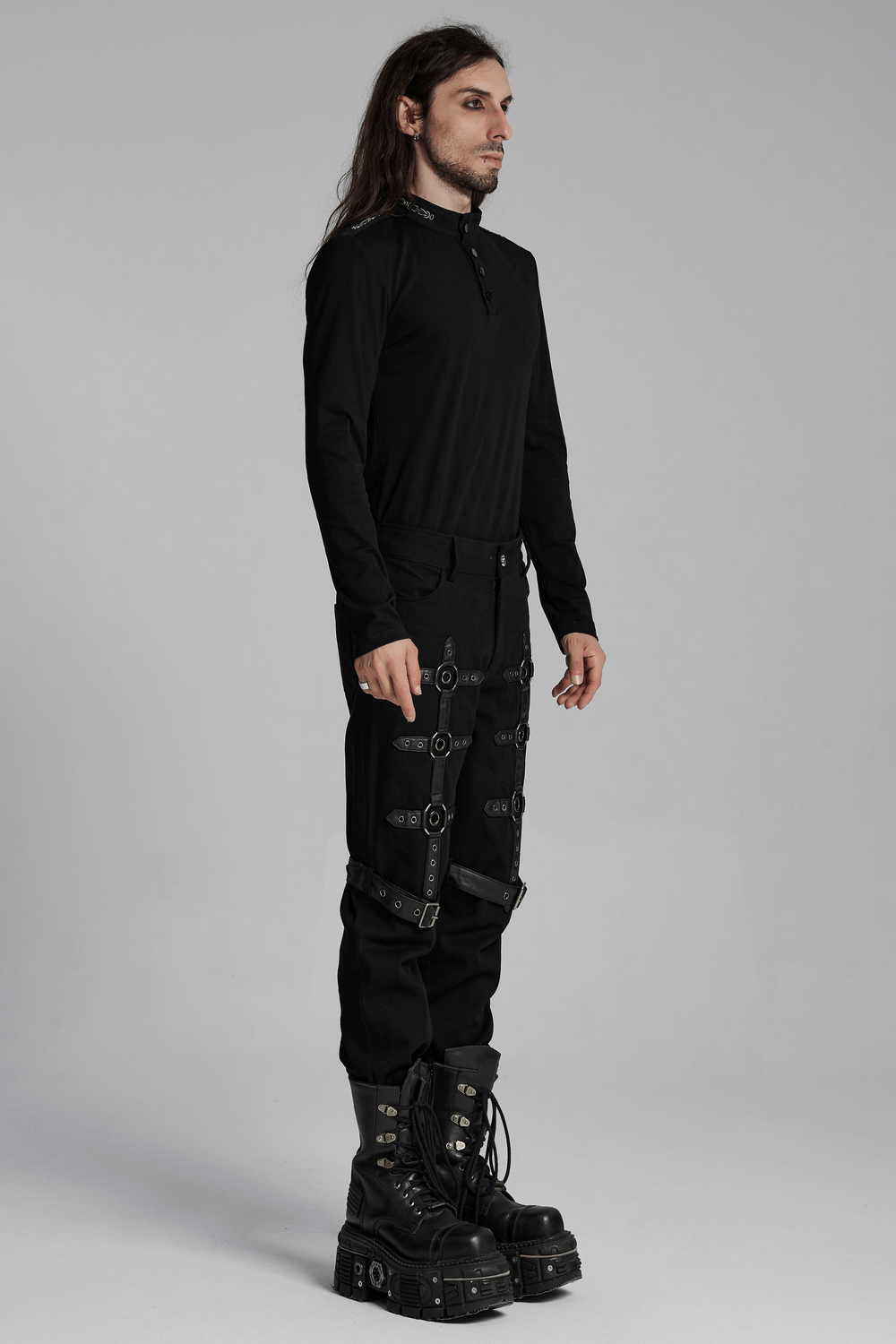 Black Twill Punk Pants with Metal Rings and Straps