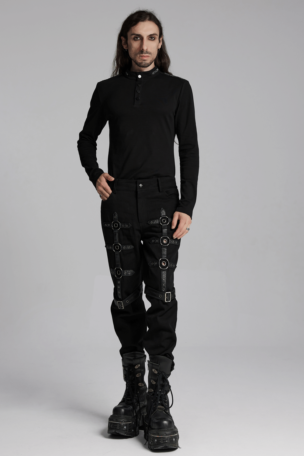 Black Twill Punk Pants with Metal Rings and Straps